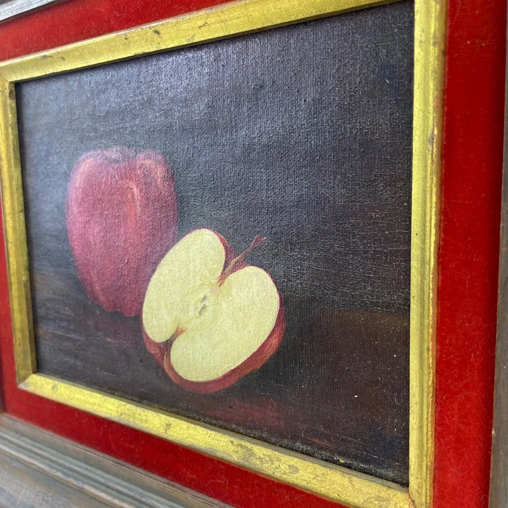 Antique French Still Life Oil Painting Red Apple Gold Frame Red Velvet Mat - Picture 4 of 16